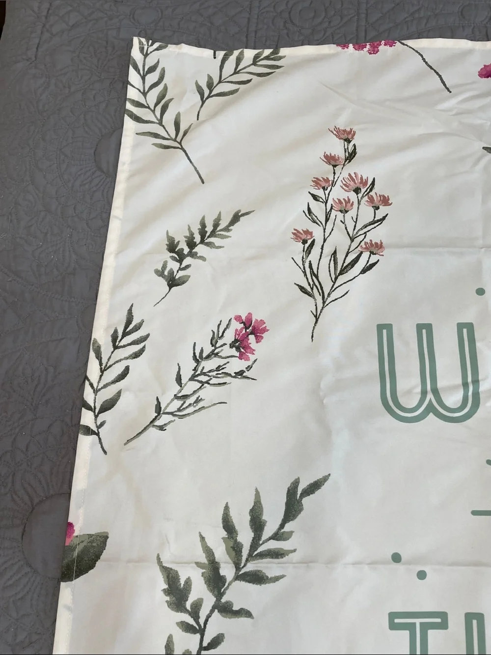 Forever 21 cream tapestry with Pink Floral and Green Lettering